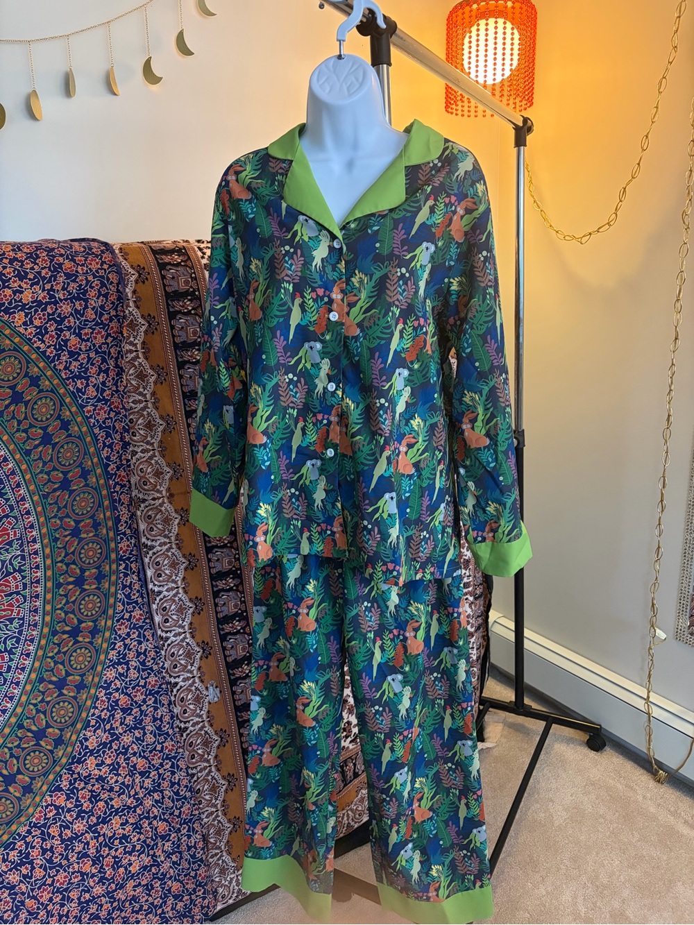 Vibrant Tropical Print Pajama Set with Lime Trim